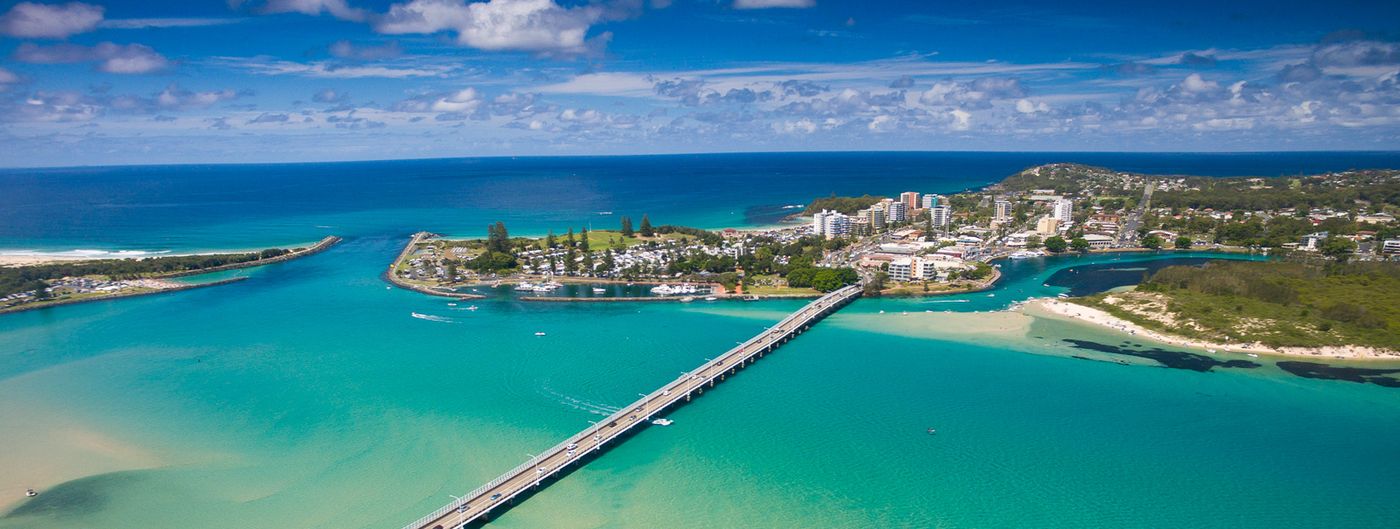 Aerial view of Forster and Tuncurry with the bridge over Wallis Lake