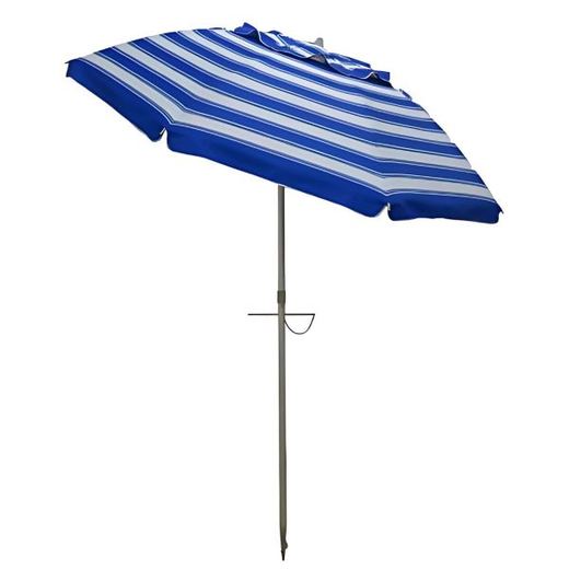 Blue striped beach umbrella with sand anchor